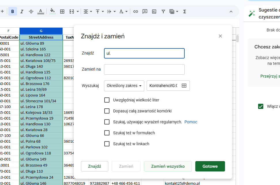 Usuwanie prefiksu ul. z adresów